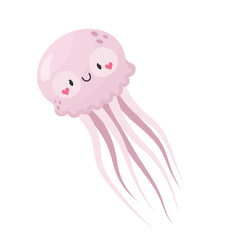 Cute smiling pink jellyfish isolated on white background. Cartoon style vector illustration. Sea animal, underwater wildlife. Adorable character for kids, nursery, print

