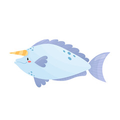 Cute unicorn fish isolated on white background. Cartoon style vector illustration. Sea animal, underwater wildlife. Adorable character for kids, nursery, print

