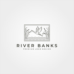 vector of goose in river plant logo design, line art flying swan logo design