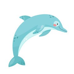 Cute jumping dolphin isolated on white background. Cartoon style vector illustration. Sea animal, underwater wildlife. Adorable character for kids, nursery, print

