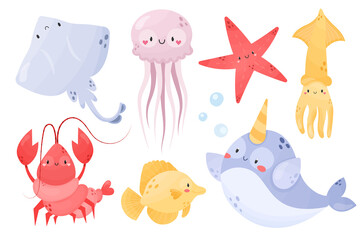 Collection of cute sea animals. Ray, Jellyfish, Starfish, Squid, Lobster, Yellow tang, Narwhal. Cartoon style vector illustration. Underwater life. Adorable character for kids, nursery, print

