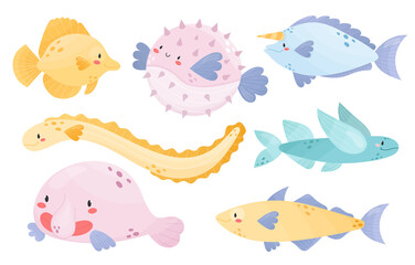Collection of cute sea animals. Different types of fish.Yellow tang, Pufferfish, Unicornfish, Ell, Flying fish, blobfish, haddock.Cartoon style vector illustration.Adorable character for kids, nursery