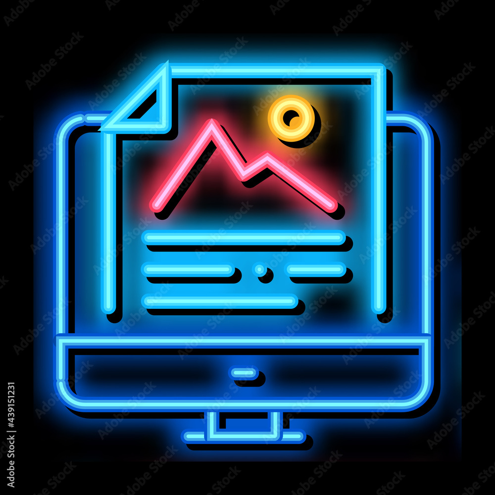 Poster computer file picture characterisitcs neon light sign vector. glowing bright icon computer file pict