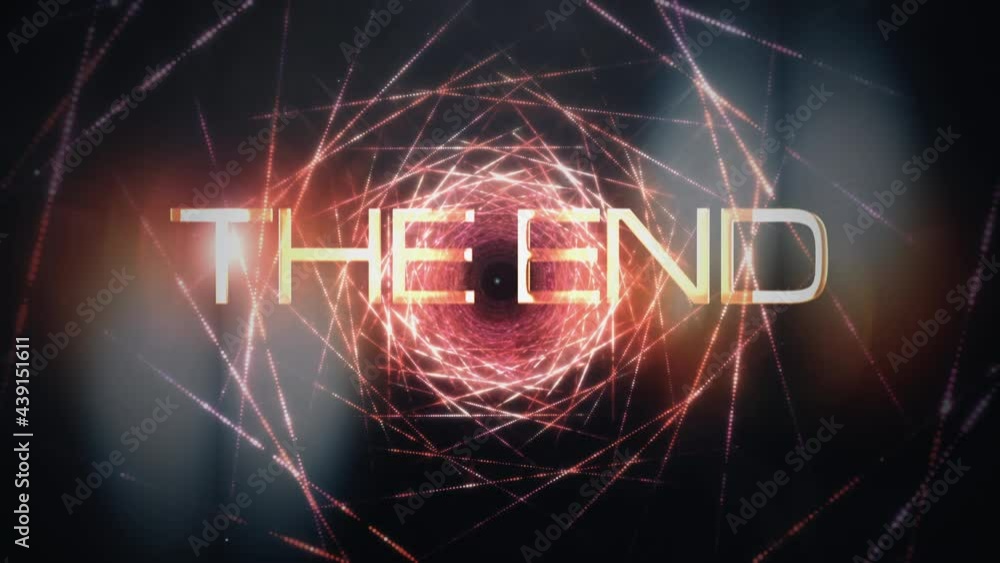 Poster The End cinematic trailer title. The end golden text with abstract science technology, grunge Sci-Fi Hi-tech wire mesh frame background concept. 4K 3D seamless loop Ending cover for title trailer.