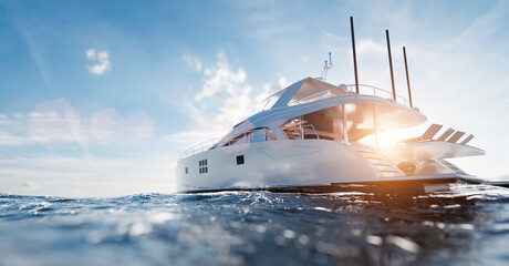 Catamaran motor yacht on the ocean - obrazy, fototapety, plakaty