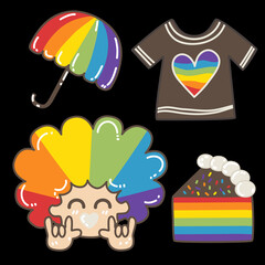 Set of Pride month celebration sticker doodles, cake, umbrella, shirt, boy with pride color, red, orange, yellow, green, blue and violet