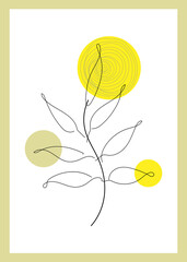 Hand-drawn abstract outline drawing of a branch with leaves and a spiral. Linear, contoured twig with yellow circles in a rectangular frame. Trendy, simple, minimal style, vector graphic design