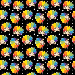 Pride month celebration seamless pattern, black wallpaper, man or boy with pride color hair, red, orange, yellow, green, blue and violet