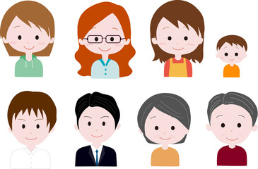 色んなタイプの人の顔　男女、家族、子ども