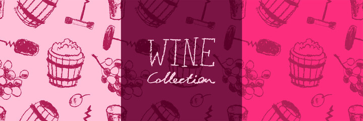 Wine pattern seamless. Winemaking illustration set. Drawings for winery, wine shop, viticulture wallpaper, label biodynamic wines. Bottle screw, barrel, grape, stopper. Wine tasting banner template.