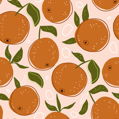 Cartoon citrus summer orange fruit seamless pattern background. Cute sweet food fresh nature kids wallpaper design. Vector print graphic illustration.