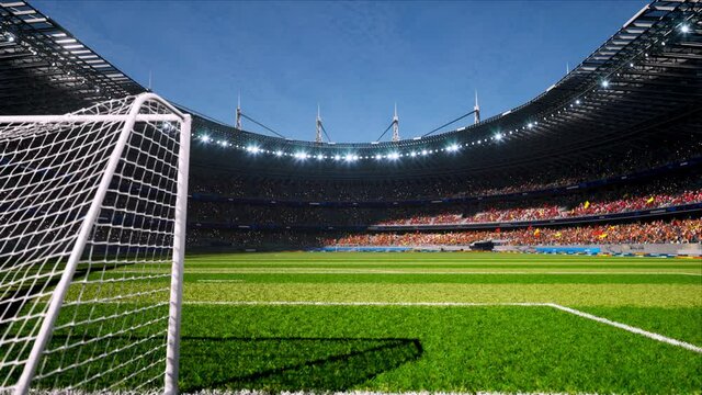 crowd fans wait soccer championship in stadium arena at day. High quality 4k footage