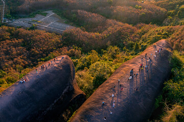 Aerial view of three whales rock  in Phu Sing Country park in Buegkan province, Thailand.