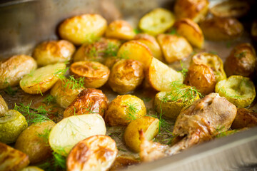 Early baked potatoes with zucchini and chicken
