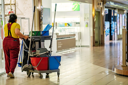 Universal set for wet cleaning of shopping center premises. Modern cleaning company, cleaning kit on a trolley with wheels, excellent design for any purpose. Concept of a commercial cleaning company.