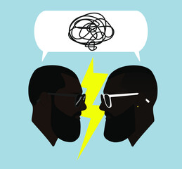 Portraits. Silhouettes of two bearded black guys with dialogue speech bubbles. Black men. Two men in conflict. Conversation. 