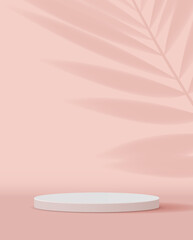 Obraz na płótnie Canvas Cosmetic pastel pink background minimal and premium podium display for product presentation branding and packaging . studio stage with shadow of leaf background. vector design
