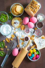 Confectionery and cake equipment,Bowls of ingredients needed for baking colorful cupcakes 