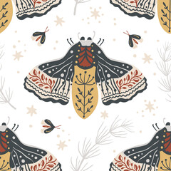 Fototapeta na wymiar Boho butterfly seamless pattern on a white background. Summer moth wallpaper illustration. Retro vintage fashion hand drawn nature ornament.