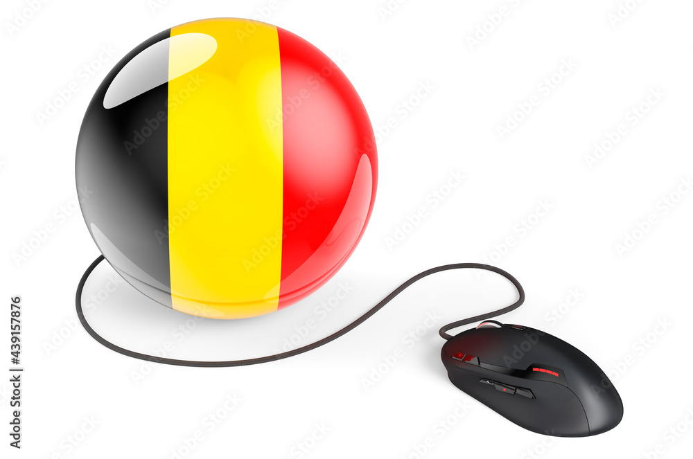 Poster computer mouse with belgian flag. internet network in belgium concept. 3d rendering