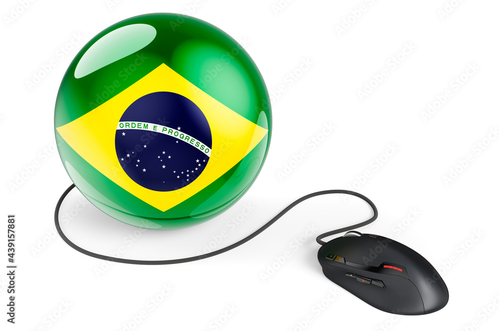 Poster computer mouse with brazilian flag. internet network in brazil concept. 3d rendering