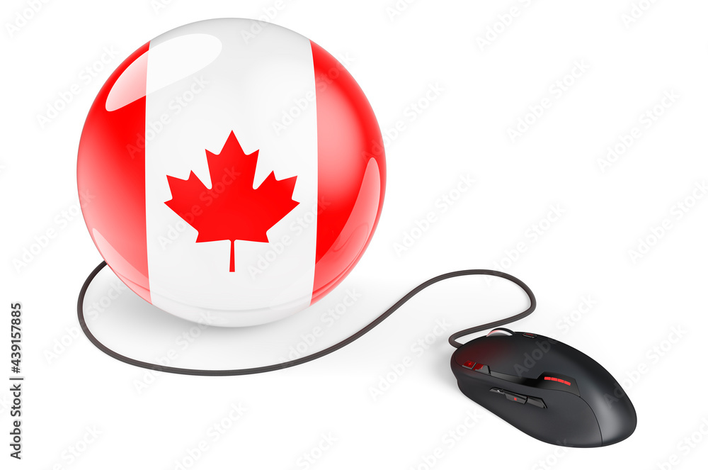 Poster computer mouse with canadian flag. internet network in canada concept. 3d rendering