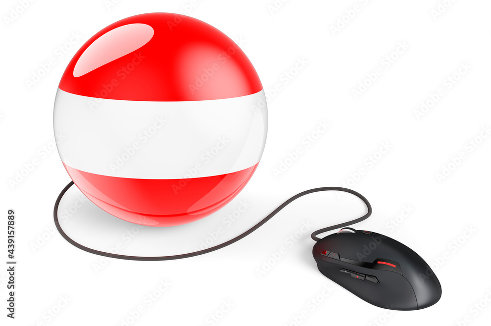 Aufkleber computer mouse with austrian flag. internet network in austria concept. 3d rendering
