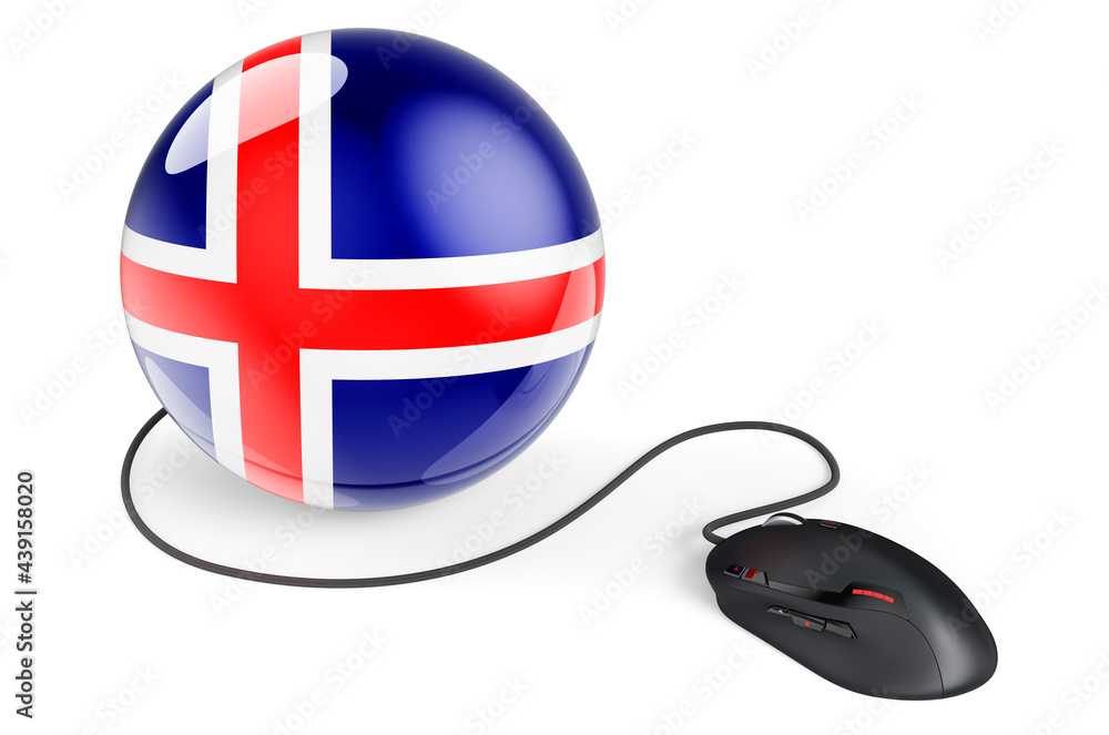 Aufkleber computer mouse with icelandic flag. internet network in iceland concept. 3d rendering