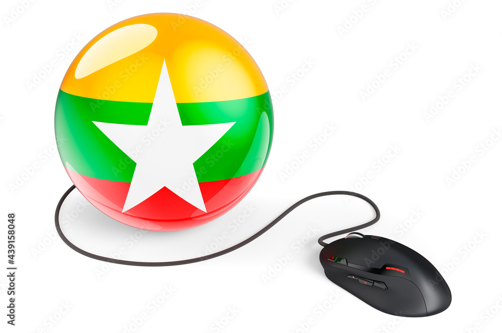 Aufkleber computer mouse with myanmar flag. internet network in myanmar concept. 3d rendering
