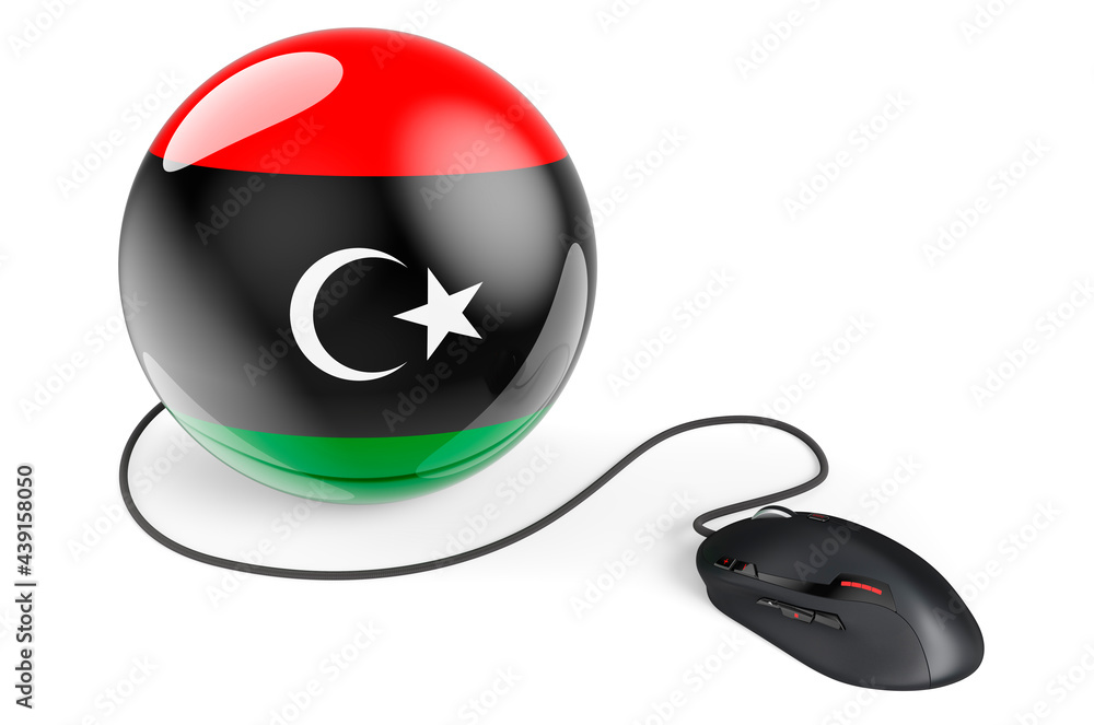 Aufkleber computer mouse with libyan flag. internet network in libya concept. 3d rendering