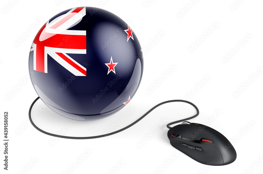 Poster computer mouse with new zealand flag. internet network in new zealand concept. 3d rendering