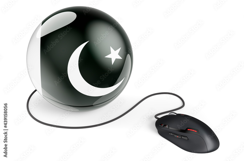 Poster computer mouse with pakistani flag. internet network in pakistan concept. 3d rendering