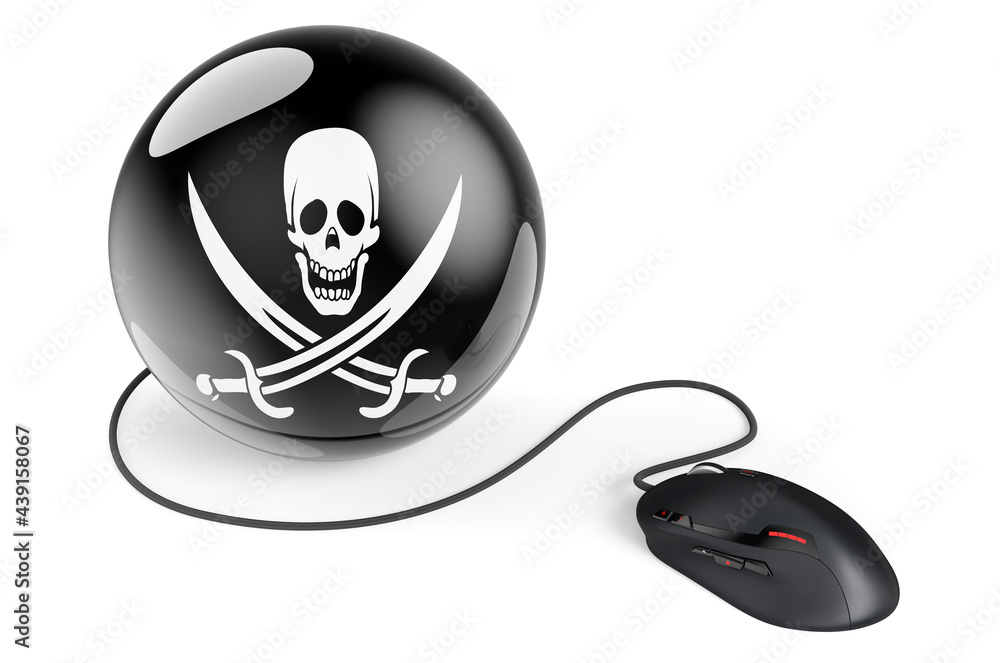 Poster computer mouse with piracy flag, 3d rendering