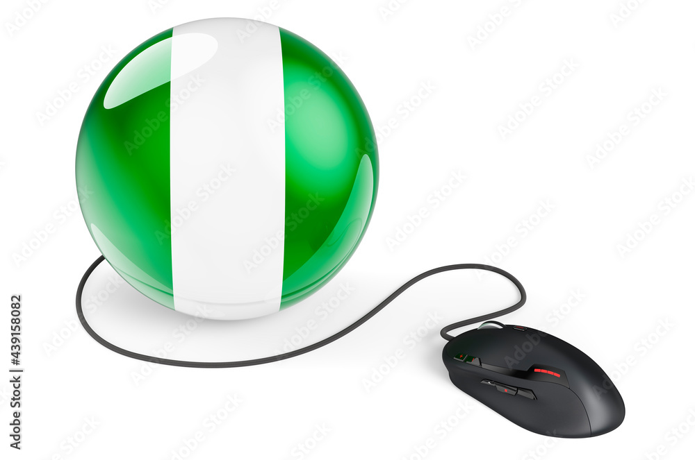 Aufkleber computer mouse with nigerian flag. internet network in nigeria concept. 3d rendering