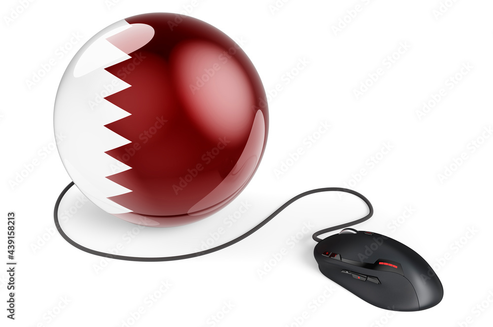 Aufkleber computer mouse with qatari flag. internet network in qatar concept. 3d rendering