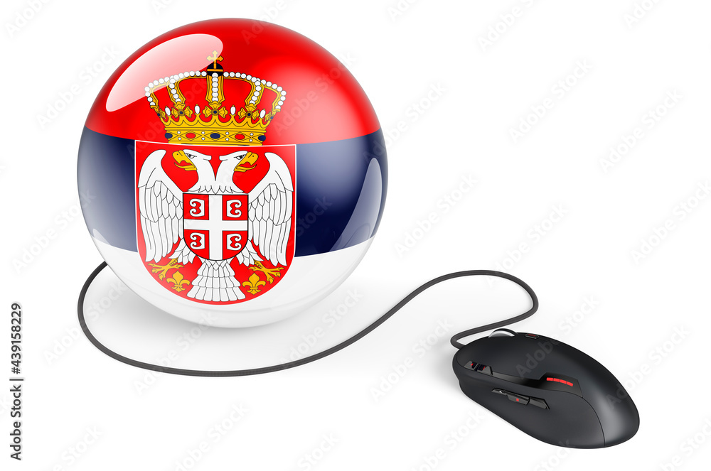 Poster computer mouse with serbian flag. internet network in serbia concept. 3d rendering
