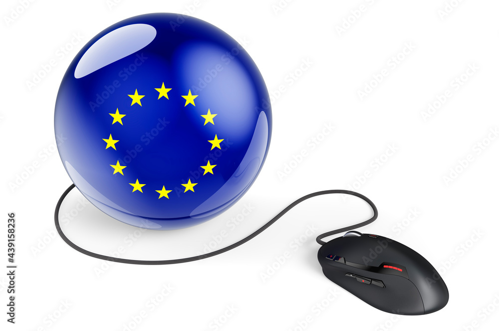 Poster computer mouse with the eu flag. internet network in the european union concept. 3d rendering