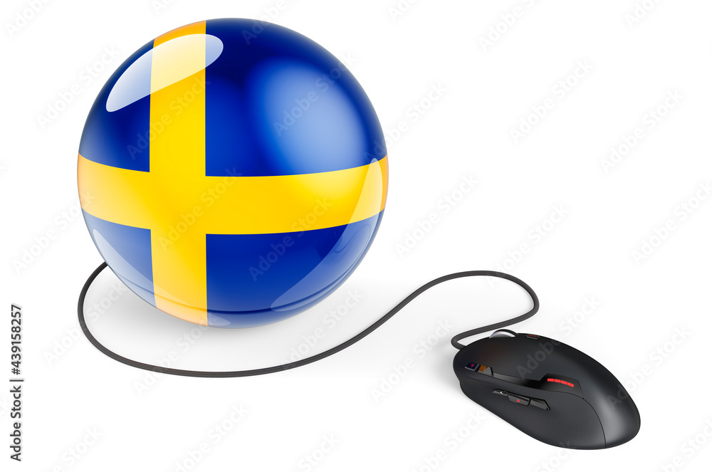 Aufkleber computer mouse with swedish flag. internet network in sweden concept. 3d rendering