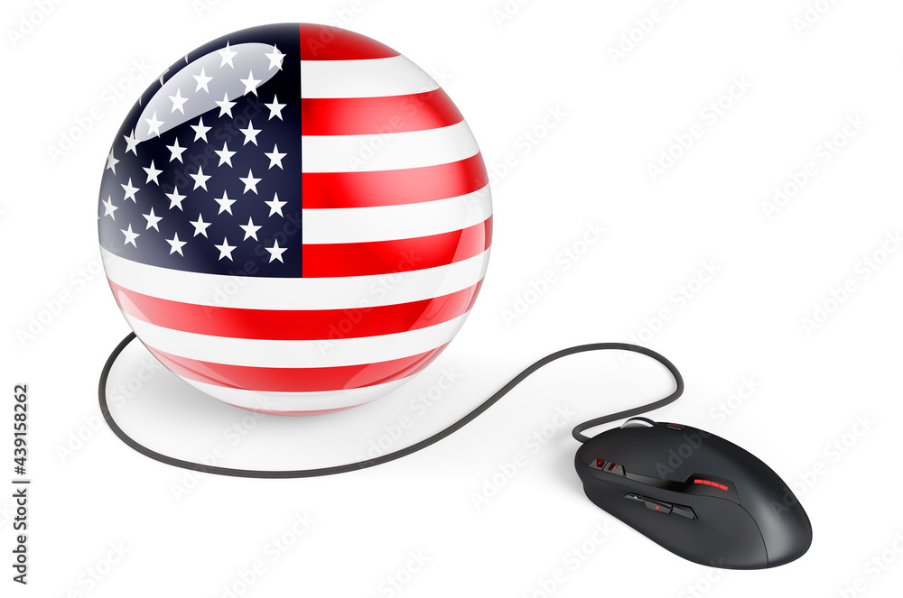 Aufkleber computer mouse with the united states flag. internet network in the usa concept. 3d rendering