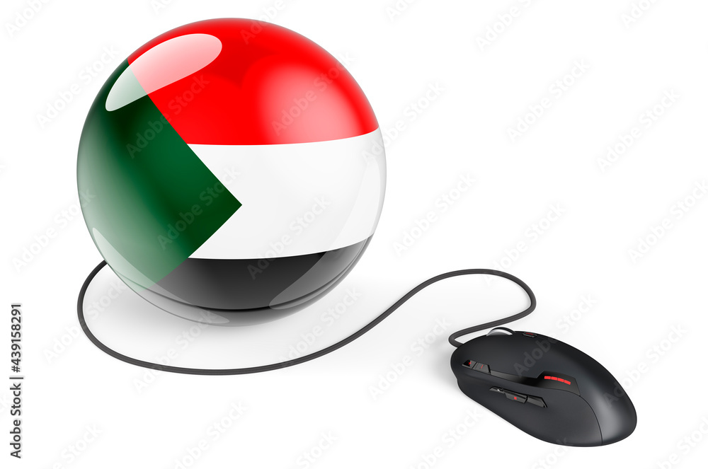 Aufkleber computer mouse with sudanese flag. internet network in sudan concept. 3d rendering