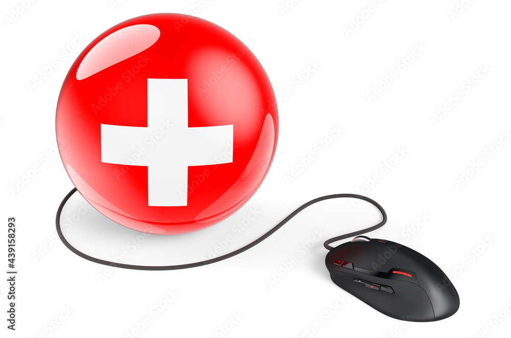 Aufkleber computer mouse with swiss flag. internet network in switzerland concept. 3d rendering