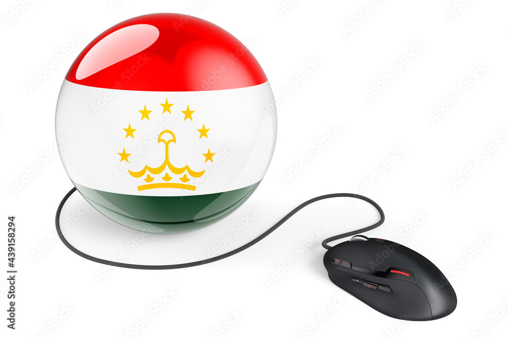Poster computer mouse with tajik flag. internet network in tajikistan concept. 3d rendering