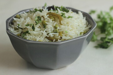 Green peas Pulav. A one pot rice preparation with basmati rice, green peas and spices in Ghee.