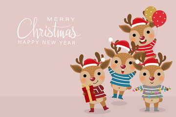 Cute deer, reindeer with red gift in winter costume. Merry Christmas and happy new year greeting card.  Animal holidays cartoon character set.