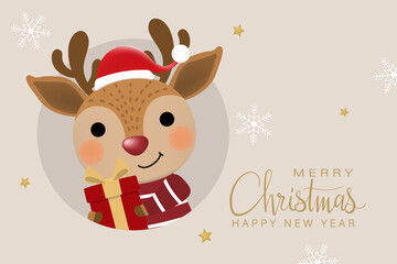 Cute deer, reindeer with red gift in winter costume. Merry Christmas and happy new year greeting card.  Animal holidays cartoon character set.