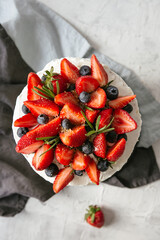 Summer cake with strawberries, top view