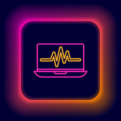 Glowing neon line Laptop with cardiogram icon isolated on black background. Monitoring icon. ECG monitor with heart beat hand drawn. Colorful outline concept. Vector