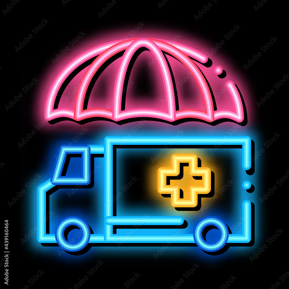 Poster emergency ambulance car neon light sign vector. Glowing bright icon emergency ambulance car sign. transparent symbol illustration