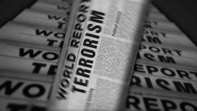 World terrorism and political violence news report. Vintage newspaper printing abstract concept. Retro 3d black and white animation.