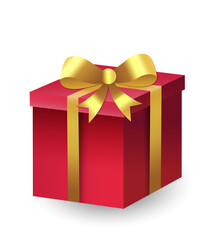 Red gift box with golden ribbon. surprise red gift box, birthday celebration. Christmas and New Year's Day red gift box
